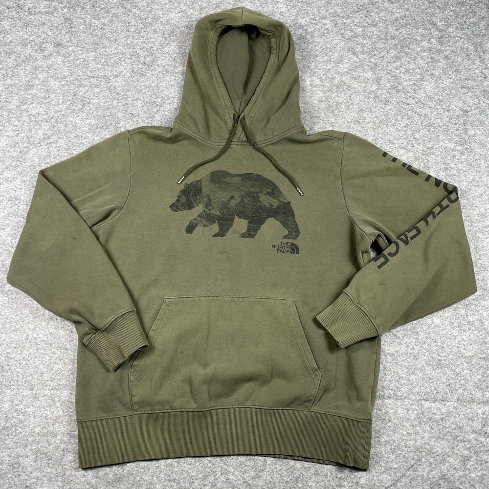 The North Face Hoodie Mens M Green Grizzly Bear Mountain Pullover Fleece Pocket